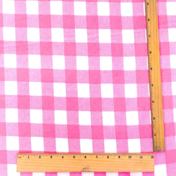 Pink-White Gingham Printed Stretch Polyester Jersey Knit Fabric - Image 4